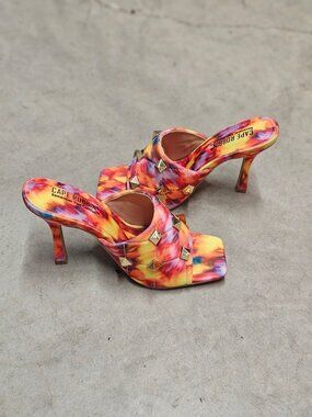 Colorful Tie-Dye Studded High Heel Mules With Quilted Detail & Open Toe Design F